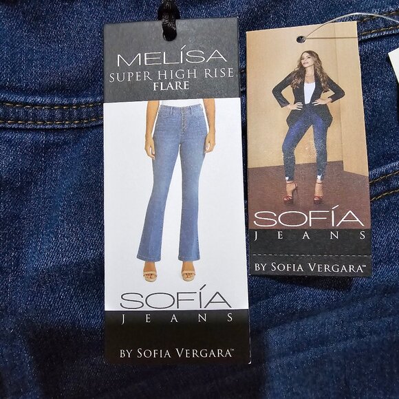 Womens Jeans Flare Leg Stretch Pull On Super High Rise Sofia Vergara Melisa Blue - Picture 2 of 8
